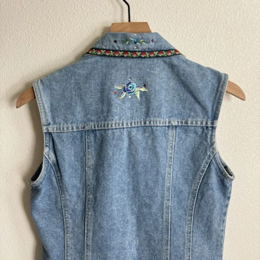 Vtg Y2K Bill Blass Vest Womens Small Blue Embroidered Festival Boho Hippie Denim